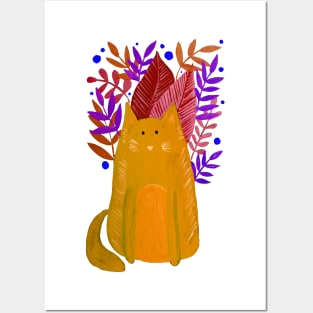 Cat and foliage - yellow and purple Posters and Art